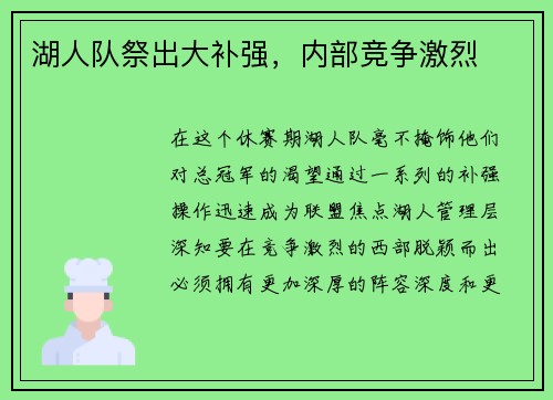 湖人队祭出大补强，内部竞争激烈