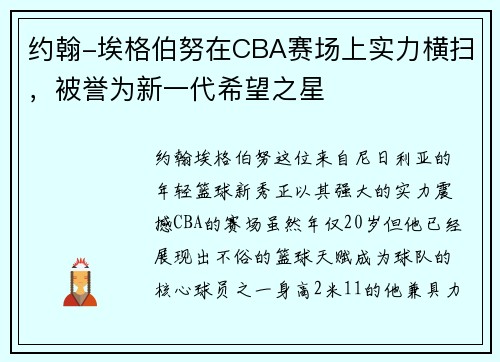 约翰-埃格伯努在CBA赛场上实力横扫，被誉为新一代希望之星