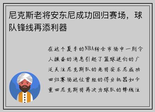 尼克斯老将安东尼成功回归赛场，球队锋线再添利器