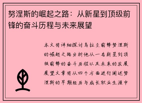 努涅斯的崛起之路：从新星到顶级前锋的奋斗历程与未来展望