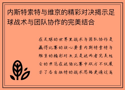 内斯特索特与维京的精彩对决揭示足球战术与团队协作的完美结合