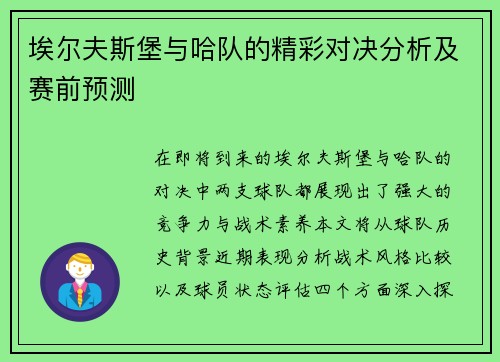 埃尔夫斯堡与哈队的精彩对决分析及赛前预测