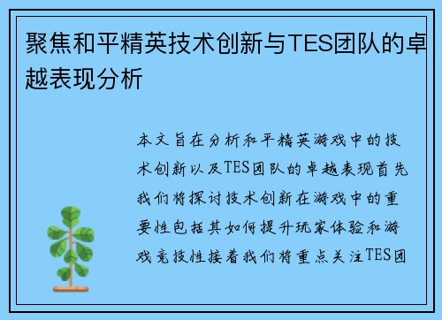聚焦和平精英技术创新与TES团队的卓越表现分析