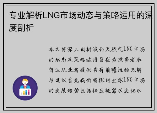 专业解析LNG市场动态与策略运用的深度剖析