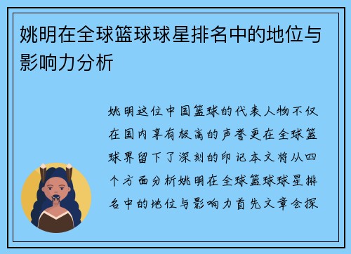姚明在全球篮球球星排名中的地位与影响力分析