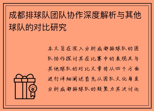 成都排球队团队协作深度解析与其他球队的对比研究