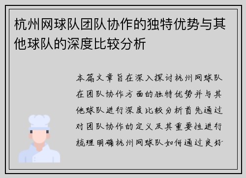 杭州网球队团队协作的独特优势与其他球队的深度比较分析