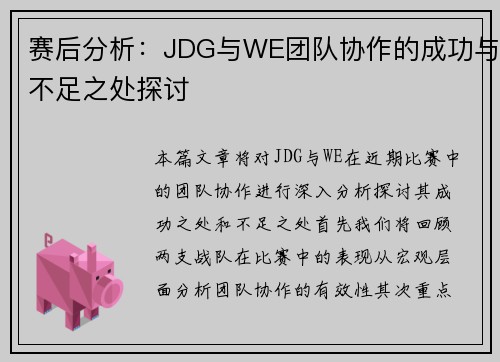 赛后分析：JDG与WE团队协作的成功与不足之处探讨
