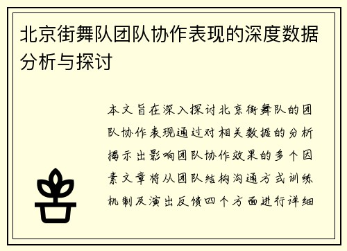 北京街舞队团队协作表现的深度数据分析与探讨
